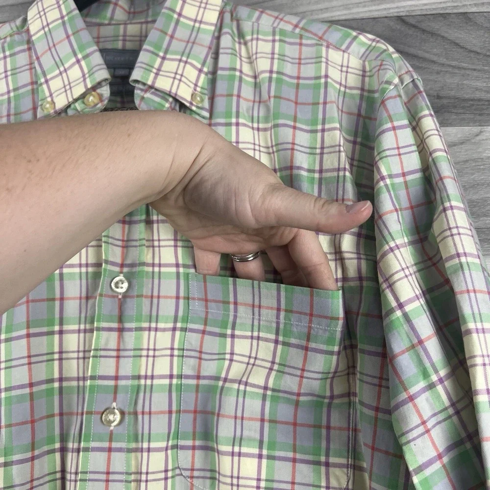 Hickey Freeman Button Down Shirt Mens M Beige Tan Green Plaid Check Dress Casual